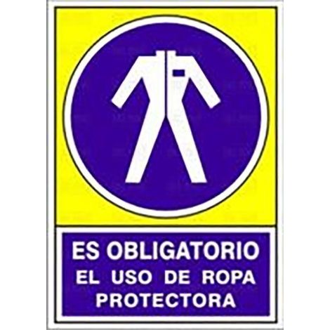 señal adhesiva de obligación. ropa protectora. uso obligatorio. 105x74mm