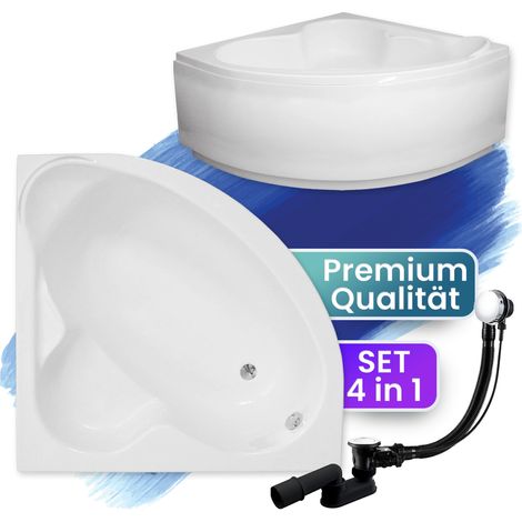 Badewanne Eckbadewanne 130x130 mit AcrylSchürze, Ablaufgarnitur & Füßen GRATIS - Komplettset 4in1 Original Acryl Wanne Siphon - BADLAND STANDARD (1/5)