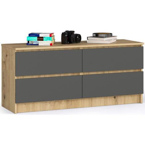 Commode AKORD K120 Chêne Artisan 120 cm 4 tiroirs façade Gris Graphite 120x40x55 cm (1/4)