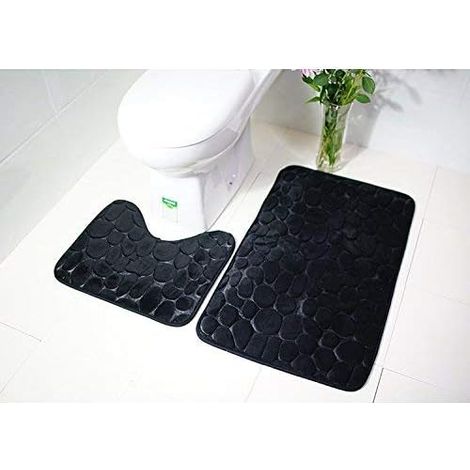 Tapis de sol en moquette absorbante antidérapante en deux parties noires pour toilettes en pierre de galets en relief en flanelle (1/5)