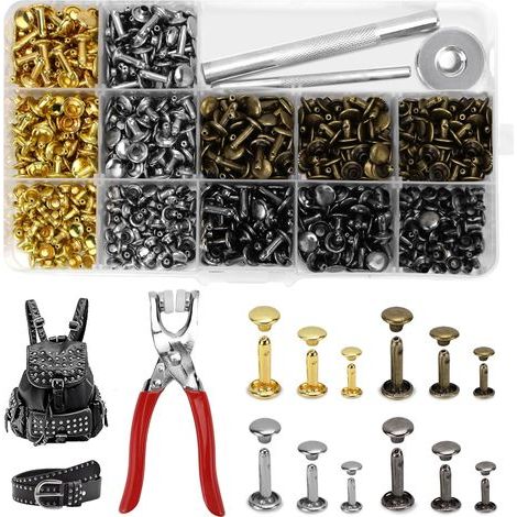 Set mit 360 Ledernieten in 4 Farben, inklusive Nietpistole und Lochzange. Hohlnieten in den Größen 12 mm, 8 mm und 6 mm zur Herstellung von Lederbekleidung und anderen Lederwaren. Ideal für... (1/5)