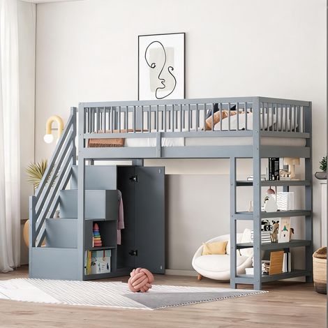 Mezzanine enfant en bois massif avec rangements et bureau intégré (1/5)
