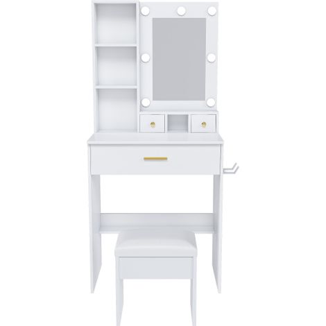 Coiffeuse miroir LED prise support sèche-cheveux tabouret 60x131,5x38cm