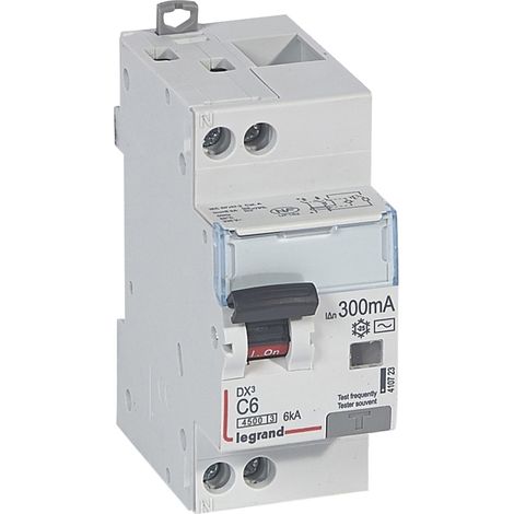 Disjoncteur différentiel DX³4500 arrivée haute et départ bas à vis U+N 230V 6A type AC 300mA courbe C 2 modules LEGRAND 410723 (1/3)