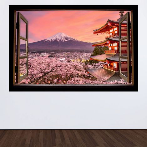 Stickers Trompe l'oeil fenêtre en bois - Mont Fuji Japon - 90 x 135 cm (1/3)