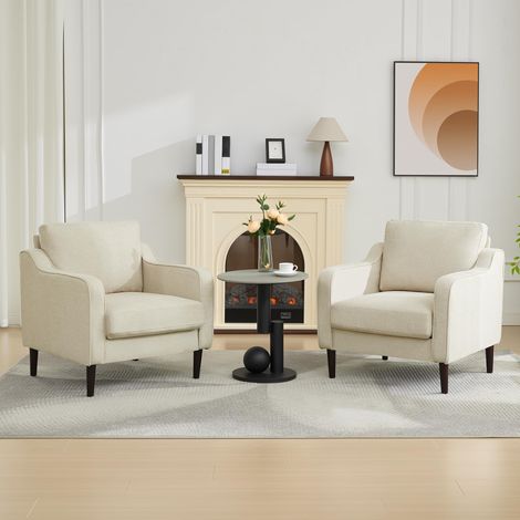 Lot de 2 fauteuils en lin beige style mi-siècle, dossier haut, accoudoirs ergonomiques, pieds bois – Pour salon, chambre, bureau et coin lecture (1/5)