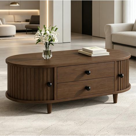 Table basse fixe 100x50x36 cm en MDF et bois noyer, avec rangement pour salon moderne FloraGrace (1/5)