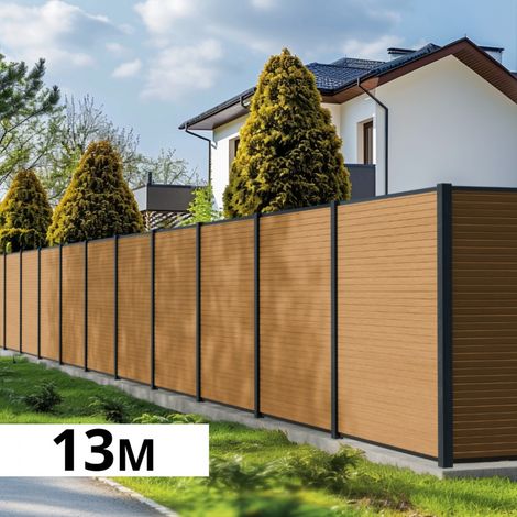 Kit Clôture Bois Composite Cèdre 12,85x1,8m SANTOS - Poteaux en Aluminium Gris - Brise Vue - Palissade