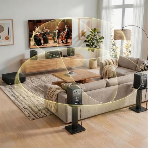 Système home cinéma 5.1 43,7x40,7x36,3 cm noir, Dolby Atmos, compact sans fil pour salon – MEUBLIV (1/5)