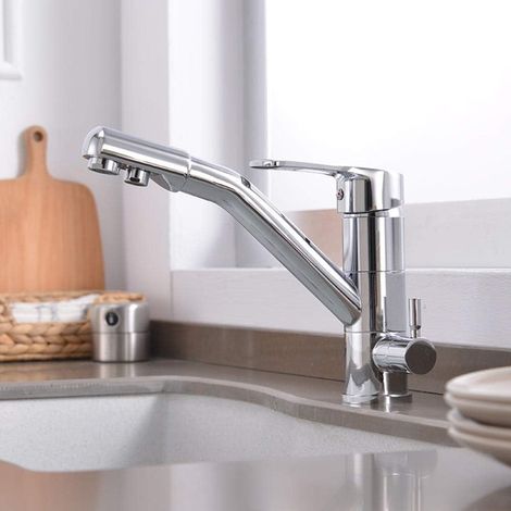 Robinet de Cuisine Mitigeur 3 Voies, Osmose Inverse Multifonctionnelle en Laiton Chaud et Froid à Pivotant à 360°S, Robinetterie de Cuisine