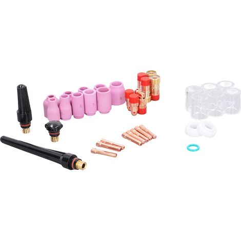 Set mit 49 WIG-Schweißzubehörteilen, Glasdüsen, Klemmen und Kragen für WP-17 18 26 Brenner. (1/5)
