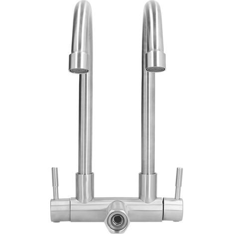 Robinet de lavabo G3/4 à double bec et eau froide, pivotant à 360°, en acier inoxydable 304, pour cuisine et salle de bain. (1/5)