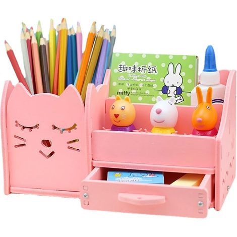 Boîte de rangement de bureau avec porte-stylos rose, organiseur de papeterie pour enfants et bureau