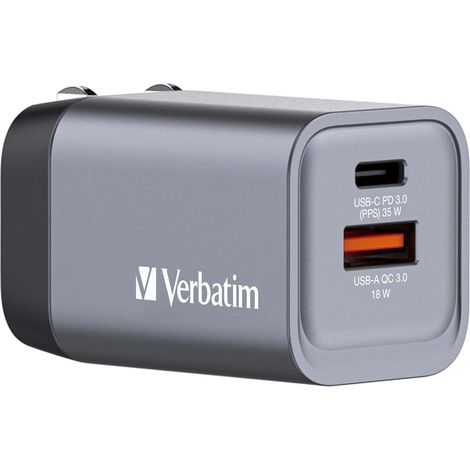 Verbatim GNC-35 GaN Reiseladeadapter 35 W 1x USB-A, 1x USB-C® USB PD, USB PD 3.0, QC 3.0 Grau GaN, (1/5)