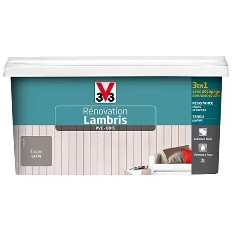 V33 – Peinture rénovation lambris PVC-bois satin taupe 2 L – Résistance aux chocs et tâches – Application sans décapage (1/3)