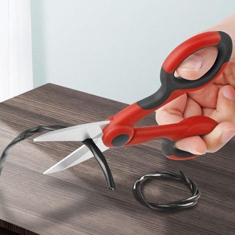 Forbici da elettricista, forbici da elettricista seghettate in acciaio inox, tronchesi con impugnatura morbida, forbici da elettricista multiuso, set da 2, rosse e nere (1/4)