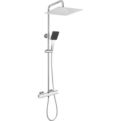 Columna de ducha termostática antical, juego completo de ducha con cabezal de ducha tipo lluvia de 30 cm, ideal para reformas (ajustable sin necesidad de taladrar nuevos agujeros), mezclador de seguri (1/5)