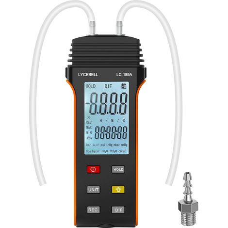 189A Manomètre Numérique, Testeur de Pression Différentielle ± 137,8 Mbar, 11 Unités Compteur de Pression de Gaz CVC Double Port avec Alerte de Surpression et Maintien des Données (1/5)
