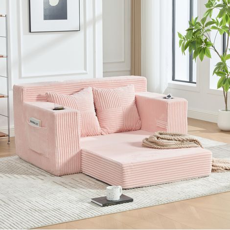 Canapé 2 places avec repose-pieds extensible, velours côtelé, poches latérales, rose, OKMYHOME (1/5)