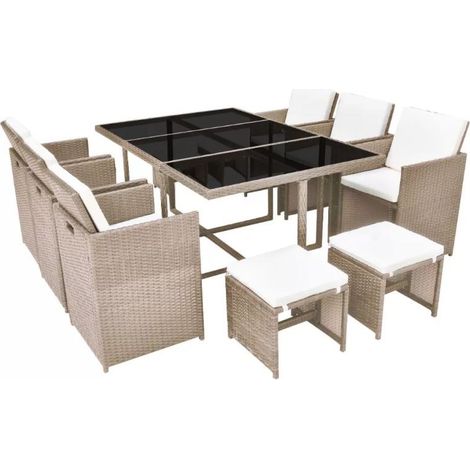 Table rectangulaire et 6 chaises de jardin résine tressée beige Iris (1/5)
