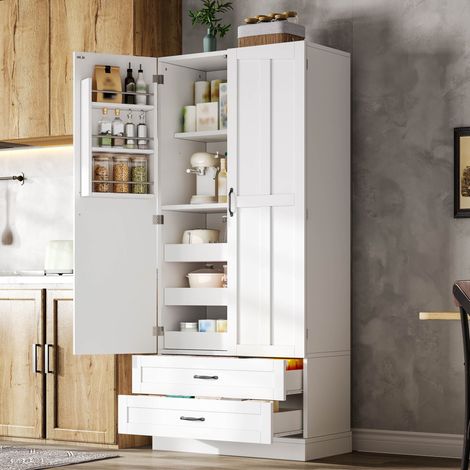 Meuble de cuisine avec 3 étagères coulissantes, tiroirs et armoire haute à double porte avec étagères intégrées, pour cuisine, salle à manger et salon. (1/5)