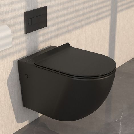 Meje – Cuvette pour WC suspendu avec abattant soft close – Plaque noire – Double chasse d'eau – Céramique facile à nettoyer (1/5)