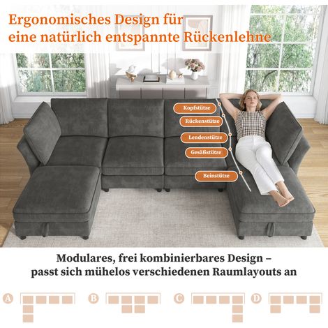 Canapé d'angle modulable en U ou L, convertible 6 places, pouf de rangement inclus, design nuage, tissu velours côtelé, gris, idéal salon, appartement, chambre. (1/5)