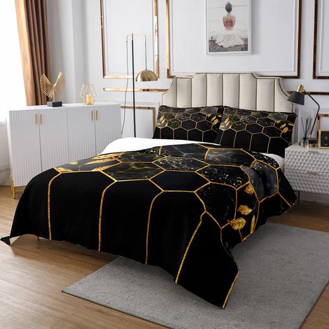 Ensemble de couvre-lit en marbre 220 x 240 cm, noir, gris, géométrique, doré, avec housse de couette moderne avec imprimé à rayures métalliques, motif ruche hexagonale, Honeycomb (1/4)