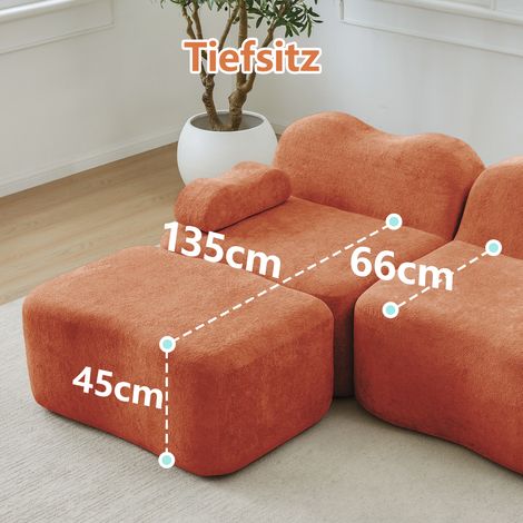 Canapé modulaire en forme de L 4 places avec pouf, ondulé, mousse haute densité 32D, coussin d'accoudoir amovible, tissu doux, pour salon, orange (1/5)