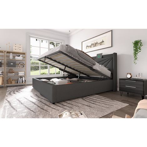 Doppelbett 140x200 cm aus grauem Leinen mit USB, Bettkasten, ohne Matratze – MEUBLIV (1/5)