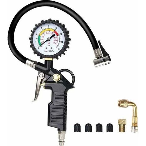 Manometre Pression Pneu, Numérique Manomètre Pneu, Pistolet de Gonflage Manomètre Avec 4 Bouchons de Valve//un Adaptateur de Buse à Air Français//une Tige de Rallonge en Métal de 90 Degrés-- (1/5)