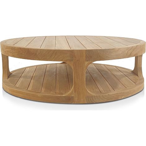 Naturel – Table basse ronde de jardin en teck massif 122 cm – 2 plateaux pratiques – Résistante à l'humidité – SKU NATOFTB120120R