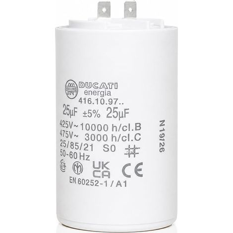 Condensateur spécial Kärcher - Nettoyeur Hautre Pression - 425V/450V/475V - Condensateur de Démarrage/Permanent avec Cosses 6,4mm - Très Haute Qualité et d'Origine (25 µF) (1/5)