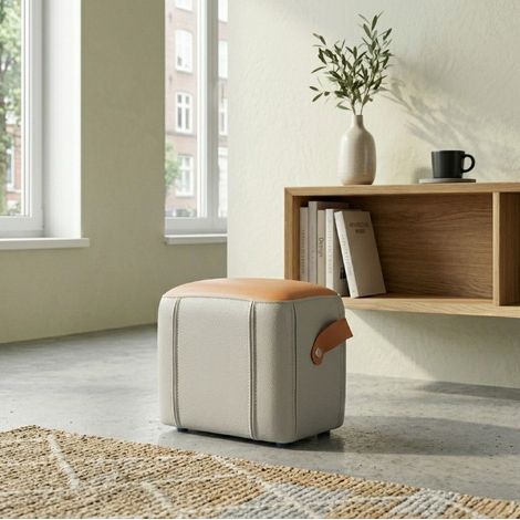 Tabouret ottoman compact avec poignée, assise rembourrée, multifonction pour salon ou chambre, PU gris (1/5)