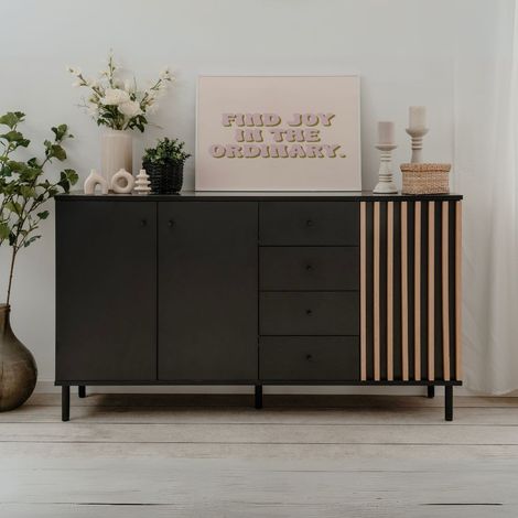 Buffet 3 portes et 4 tiroirs en noir avec lattes en chêne 160x90H cm - Bresso (1/5)