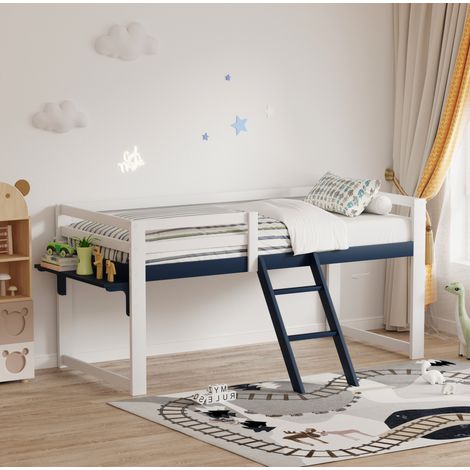 Lit mezzanine enfant 90x200 cm en bois blanc et bleu, gain de place chambre, sans matelas FloraGrace (1/5)