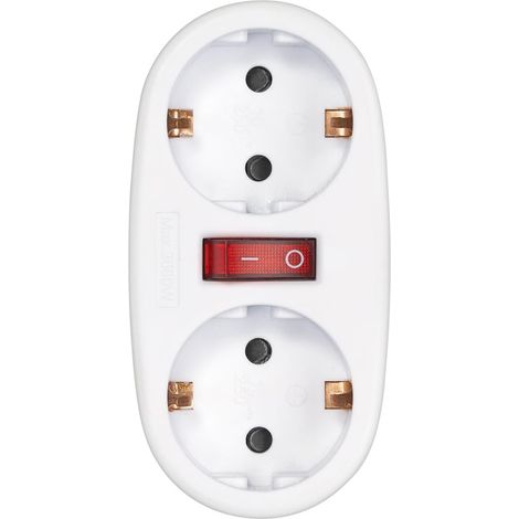 Adaptateur avec interrupteur 2 prises frontales 16 A (250 V, 3680 W), prise multiple compacte avec contrôle On/Off pour plus de sécurité et d'économie d'énergie, Blanc (1/5)