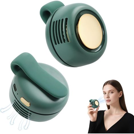 Mini ventilatore portatile senza pale con 3 velocità, clip in silicone girevole a 360°, funzionamento silenzioso 25dB, ideale per viaggi, ufficio e attività all'aperto, colore verde. (1/5)