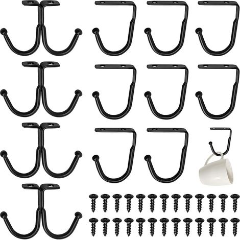 12 Pièces Porte-Tasses Suspendue, Crochet Tasse Suspendue en Métal avec Vis, Crochets de Rangement Noirs pour Tasses, Vêtements, Chapeaux, Cravates et Pots de Fleurs (8 Simples + 4 Doubles) (1/5)