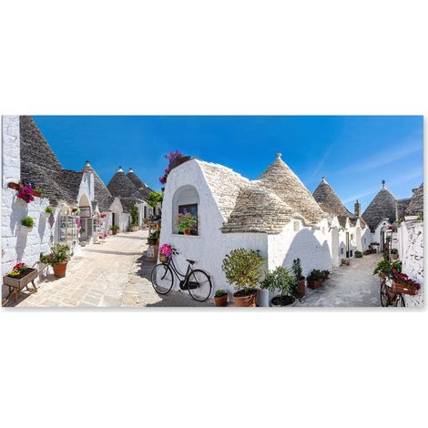 Lupia - Quadro moderno su Tela Canvas DEEP 65X143 cm, con paesaggi e localismi italiani, per casa, soggiorno, capezzale camera da letto, hotel, ufficio, PUGLIA - TRULLI ABEROBELLO (1/4)