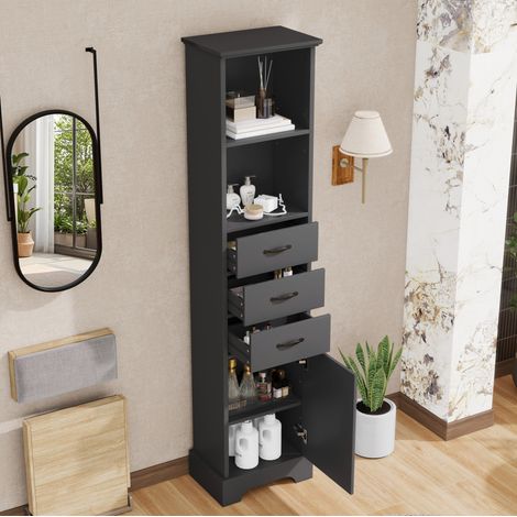 MODFU – Colonne salle de bains 38x26x172,5 cm MDF laqué – 3 tiroirs et étagères réglables – Noir (1/5)