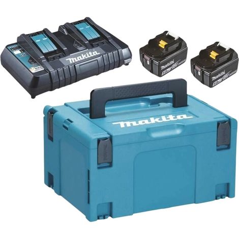 [JAMAIS UTILISE] Pack 2 batteries + 1 chargeur double MAKITA 18V Li-Ion 5Ah + coffret MAKPAC 197629-2