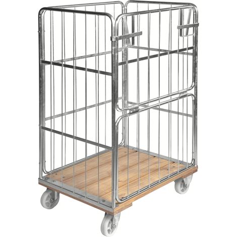Kongamek Rollcontainer verzinkt 845x630x1390mm mit Holzboden, 4 Gitterwänden und 1 Tür in der Hälfte zu öffnen ohne Bremse