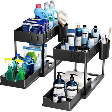 Puricon 2 Set Unter Waschbecken Regal 2 Etagen Küchenregal Schwarz (1/5)