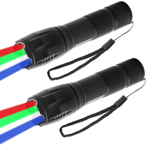 Lampe torche LED 4 en 1, lampe torche multicolore 2 pièces avec lumière rouge, verte, bleue et blanche, rechargeable par USB, mise au point réglable, étanche pour le camping, les urgences et les avent (1/5)