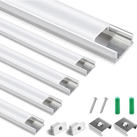 Lot de 5 profilés LED en aluminium argenté en forme de U avec couvercle blanc laiteux, embouts et clips de montage, profil d'extrusion en aluminium pour bandes LED U02 (1/5)