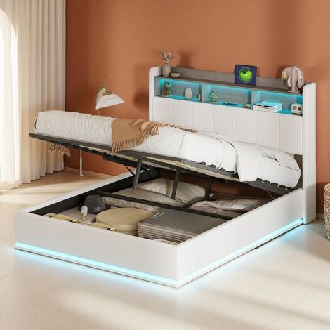 Letto Matrimoniale 140x200 - LED RGB - Ricarica USB/Type-C - Testiera in Velluto Bianco - Ripostiglio Intelligente
