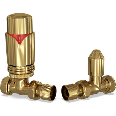 Derry Bold - Polished Brass Thermostatic Radiator Valve & Lockshield Straight 15mm