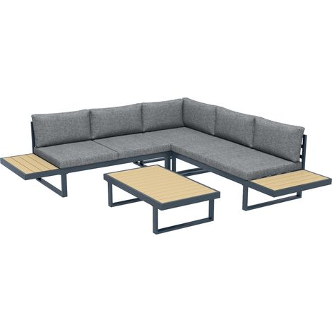 Salon de jardin d'angle design 5 places coussins table basse alu Gris anthracite imitation bois