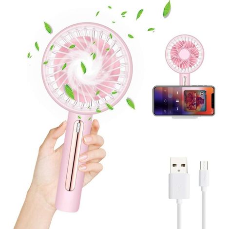 Mini Ventilateur Portable, Ventilateur USB echargeable de Poche avec Base, Petit Ventilateur à Main Silencieux 4 vitesses pour Maison, Table, Bureau, Voyages, Voiture - Rose- (1/5)